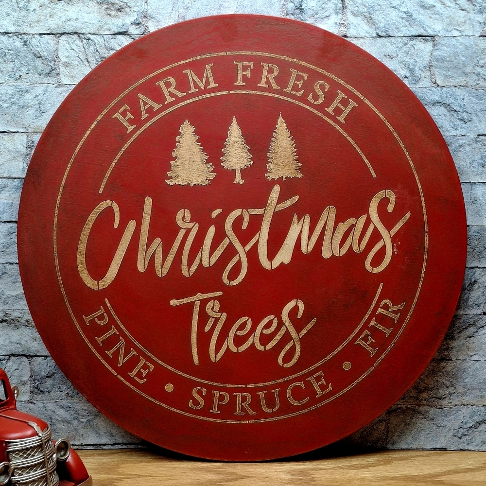 Farm Fresh Christmas Trees Aged Wood Round Sign Holiday Red Wall or Shelf Decor